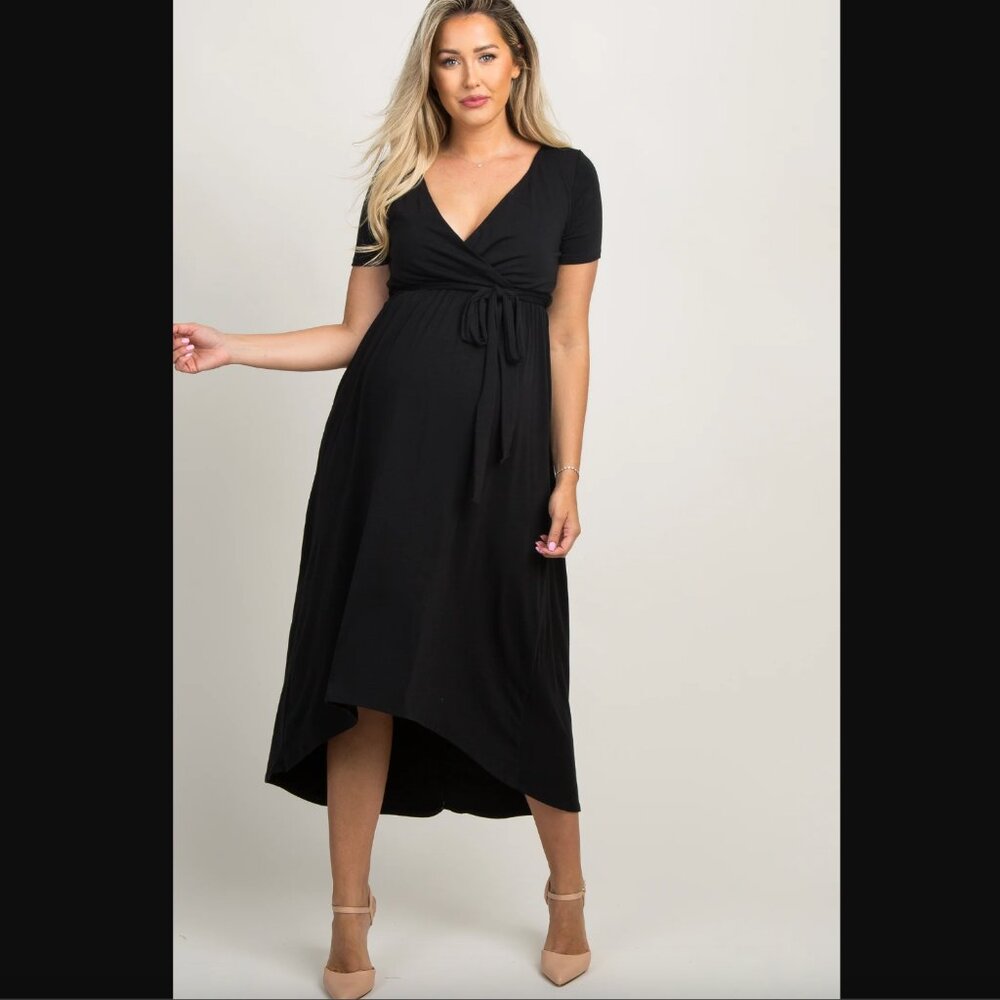 PinkBlush: Black Solid Hi-Low Maternity Wrap Dress